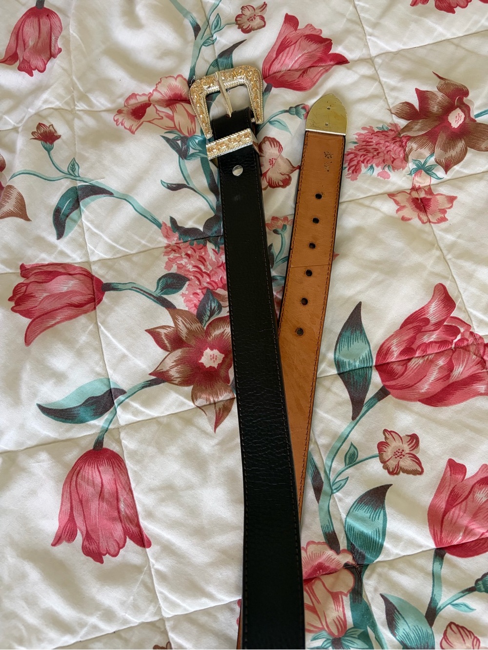 Black Leather Womens Belt with Decorative Gold Buckle